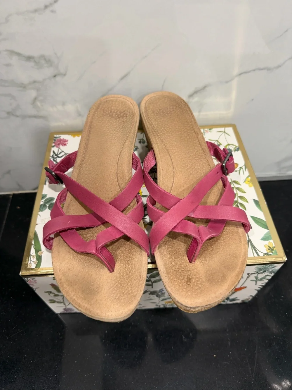 UGG Pink Cork Wedge Sandals with Buckle Strap